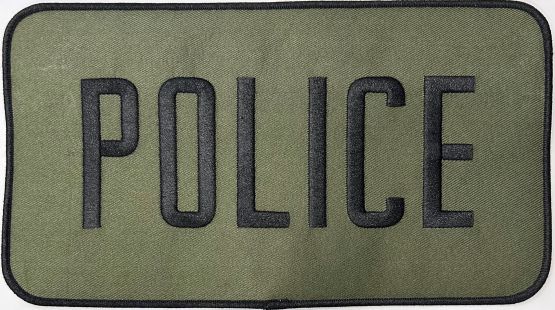 POLICE 5" X 9" PATCH - BACK ON OD GREEN, BLACK TRIM - SEW ON.